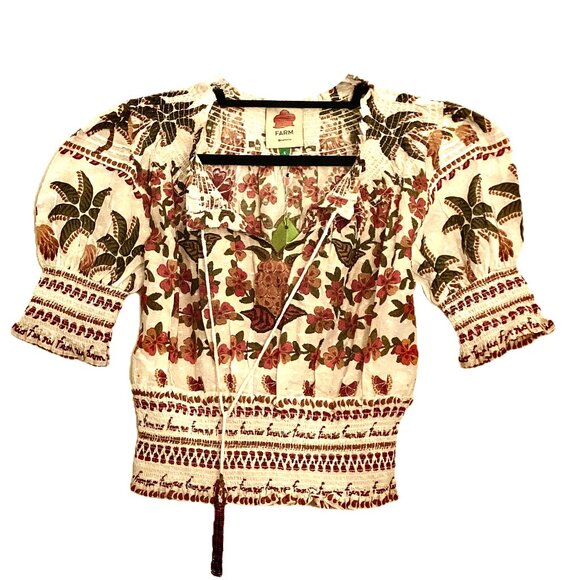 Farm Rio Crop Floral Top Wm Sz S Smock Waist Short Puff Sleeve Tie Neck NWT - Picture 1 of 8